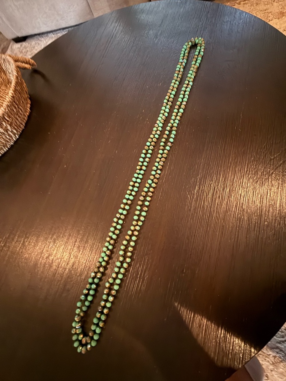 Long Green Beaded Necklace 24” Multi Strand Boho Statement Gold Accent